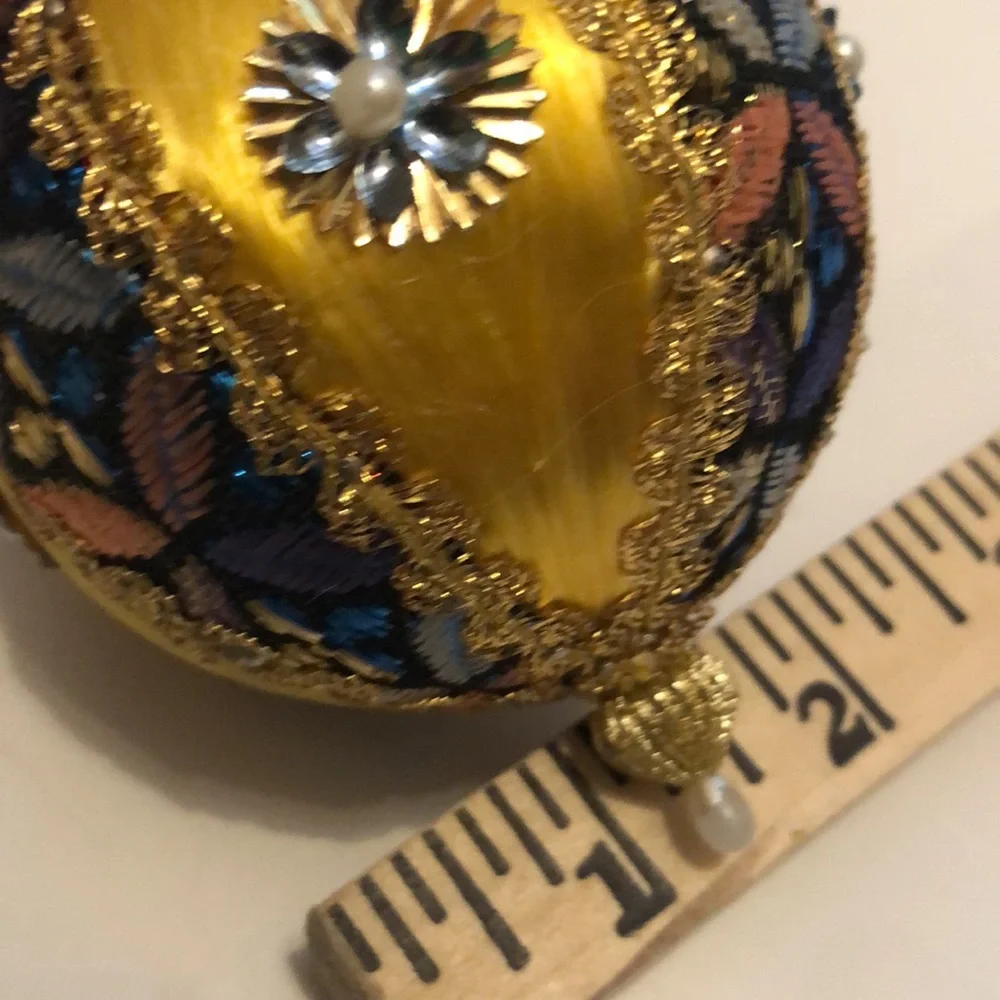 Gold Silk Ball Ornament Yellow Silk beaded ornament mid century Christmas